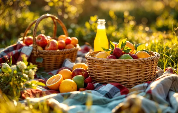 Картинка лето, ягоды, отдых, корзина, сок, summer, фрукты, пикник