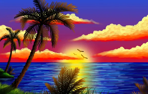 Картинка море, небо, облака, птицы, природа, пальма, вектор