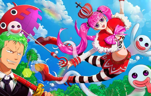 Девушка, зонт, парни, One Piece