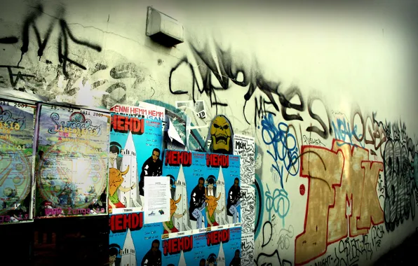 Картинка город, стиль, фото, фон, стена, обои, граффити, реклама