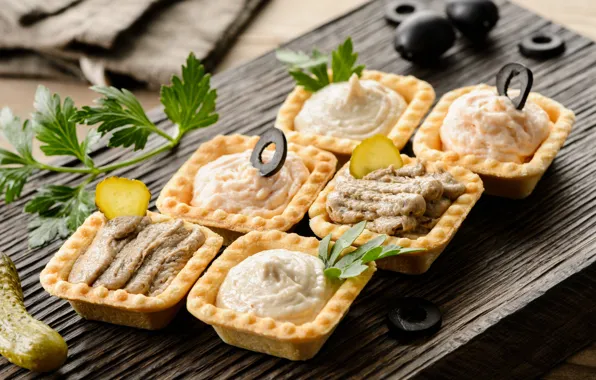 Оливки, петрушка, маслины, тарталетки, закуска, паштет