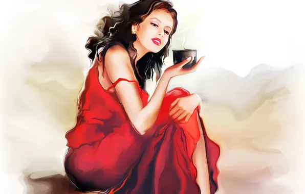 Картинка девушка, кофе, кружка, сидит, красное платье, Tatiana Nikitina