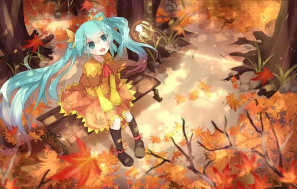 Осень, листья, девушка, радость, магия, аниме, арт, vocaloid