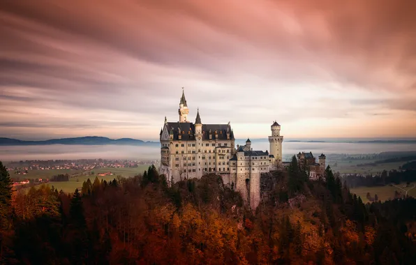 Картинка осень, лес, скалы, Германия, долина, Замок Нойшванштайн, юго-западная Бавария