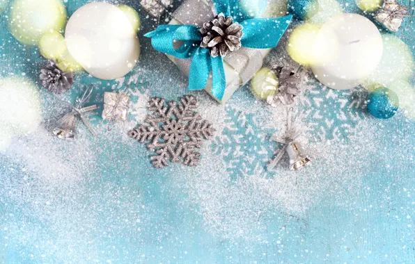 Картинка снег, украшения, снежинки, свечи, Новый Год, Рождество, Christmas, wood