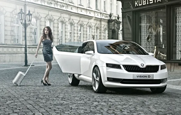 Авто, взгляд, Девушки, красивая девушка, позирует над машиной, Skoda Vision