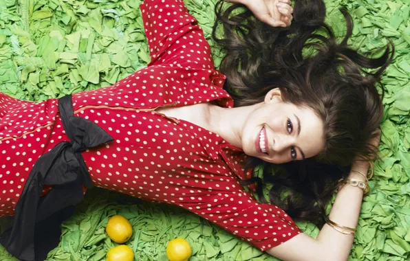 Девушка, улыбка, лимон, платье, актриса, Anne Hathaway, Энн Хэтэуэй