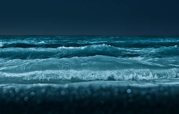 Картинка море, волны, вода, брызги, темный, горизонт