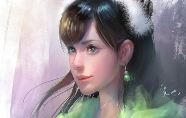 Картинка взгляд, девушка, лицо, фон, волосы, арт, сережки, зеленые глаза