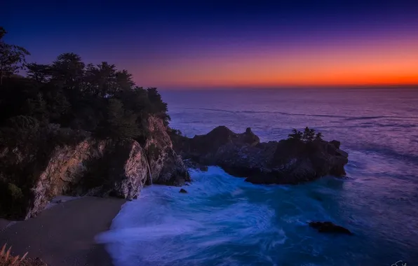 Картинка скалы, побережье, водопад, Калифорния, landscape, seascape, California, Тихий океан