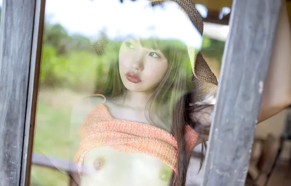 Beautiful, Asian, Model, Glass, Woman, Nude, Naked, Hat