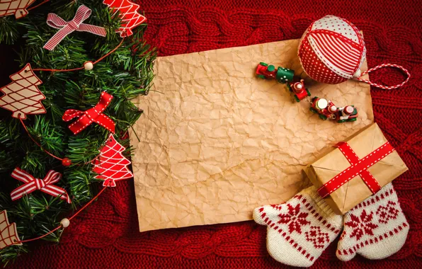 Украшения, ленты, праздник, Рождество, подарки, перчатки, Happy New Year, Christmas