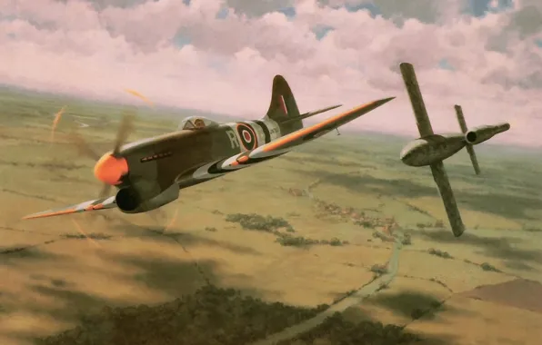 War, art, painting, drawing, ww2, british aircraft, hawker tempest, v1 bomb