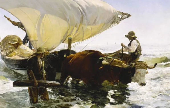 Картинка лодка, картина, парус, морской пейзаж, жанровая, Хоакин Соролья, Возвращение с Рыбной Ловли