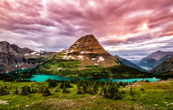 Облака, деревья, горы, озеро, камни, скалы, Канада, Glacier National Park