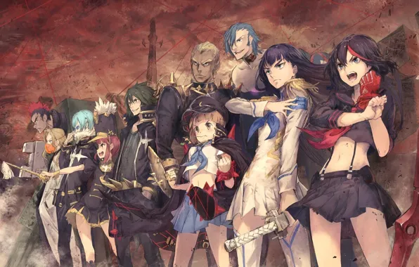 Девушки, группа, аниме, арт, парни, персонажи, Kill La Kill, Круши кромсай