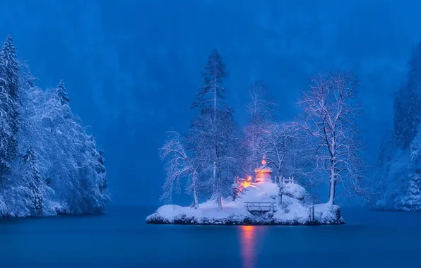 Зима, снег, деревья, пейзаж, природа, озеро, Германия, Бавария