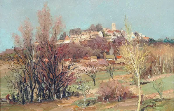 Картинка деревья, пейзаж, замок, холмы, дома, картина, Марсель Диф, The Castle of Neauphle