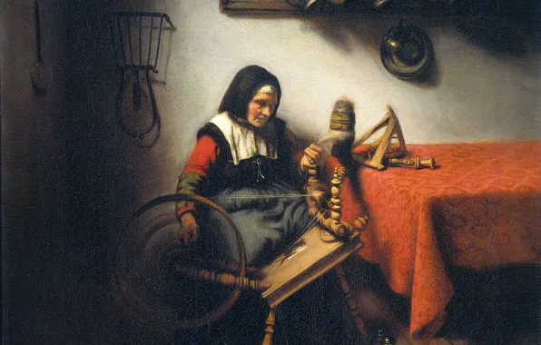 Масло, картина, холст, Николас Мас, Прядильщица