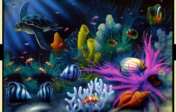 Рыбы, черепаха, картина, арт, ART, живопись, underwater, подводное