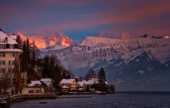 Картинка зима, снег, пейзаж, горы, природа, дома, Швейцария, освещение
