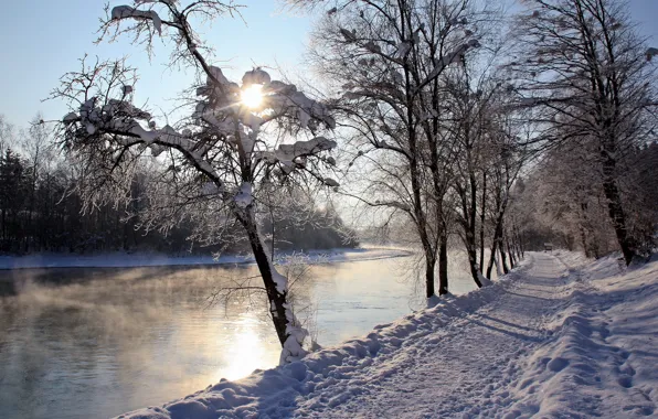 Картинка зима, дорога, река