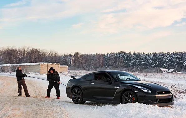 Картинка зима, пейзаж, Nissan GT-R, черный.