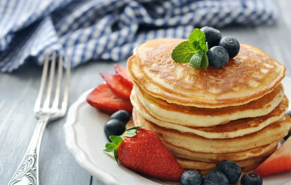 Ягоды, еда, черника, клубника, блины, мята, food, выпечка