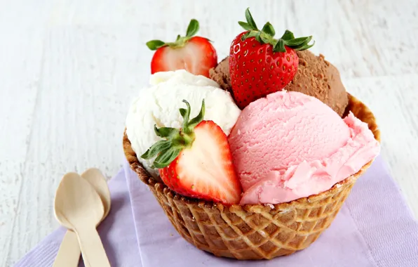 Клубника, мороженое, десерт, сладкое, вафля, sweet, strawberry, dessert