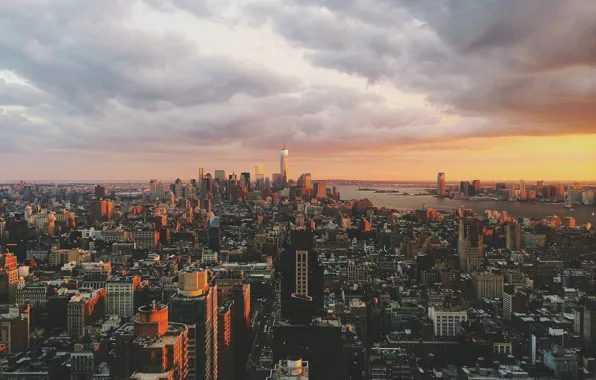 Картинка облака, закат, Нью-Йорк, горизонт, Манхэттен, One World Trade Center, Соединенные Штаты, 1WTC