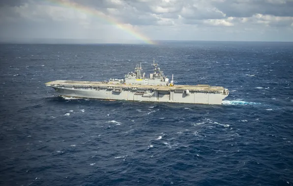 Море, корабль, радуга, USS Bonhomme Richard, десантный, (LHD-6)