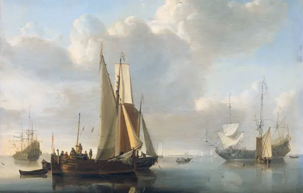 Картинка море, дерево, масло, картина, парус, Виллем ван де Велде Младший, Корабли у Берега