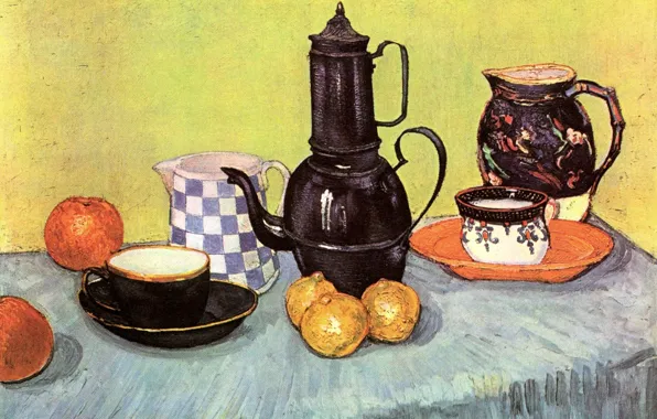 Картинка стол, яблоки, чайник, лимоны, Vincent van Gogh, Earthenware and Fruit, Still Life Blue Enamel Coffeepot