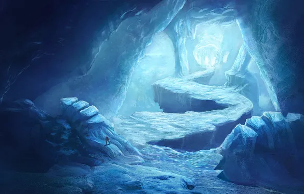 Картинка холод, лед, дорога, человек, арт, пещера