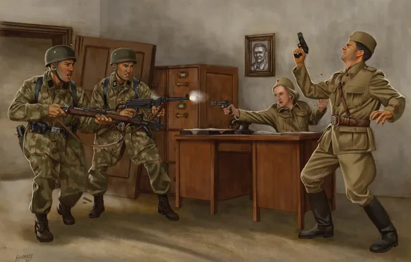 Картинка оружие, рисунок, арт, солдаты, перестрелка, вторжение, Великая отечественная война