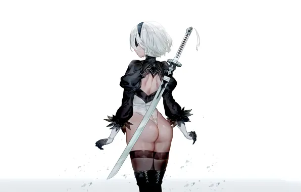 Картинка sword, ass, weapon, thong, white background, rear view, Nier Automata