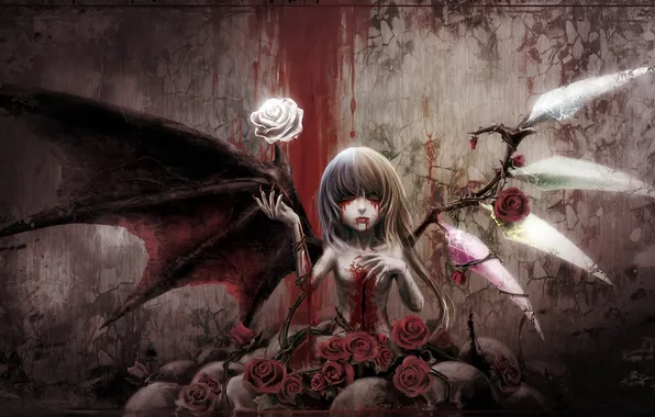 Девушка, кровь, розы, крылья, шипы, вампир, Touhou