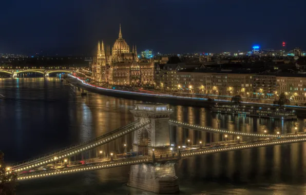 Картинка река, здания, мосты, ночной город, набережная, Венгрия, Hungary, Будапешт