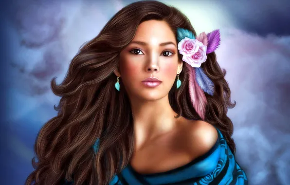 Картинка цветок, девушка, розы, серьги, перья, брюнетка, длинные волосы