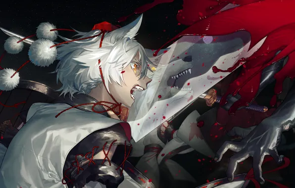 Девушка, кровь, волк, катана, Inubashiri Momiji, Tohou Project