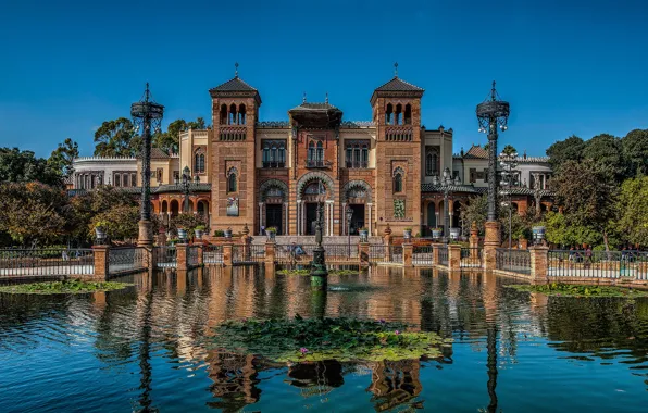 Картинка пруд, здание, фонари, архитектура, Испания, Spain, Севилья, Андалусия
