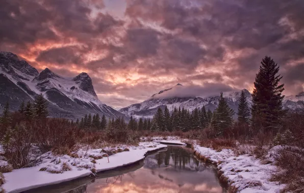 Картинка зима, небо, облака, снег, деревья, горы, река, вечер