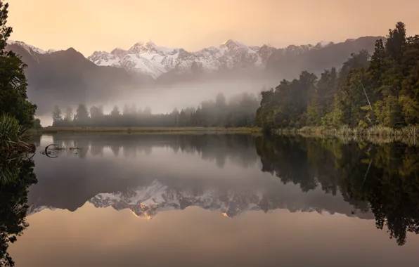 Пейзаж, горы, природа, туман, озеро, рассвет, утро, Новая Зеландия