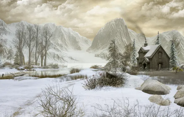 Картинка зима, деревья, горы, домик