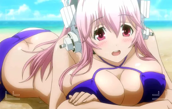 Girl, sexy, cleavage, beach, pink hair, long hair, sea, boobs