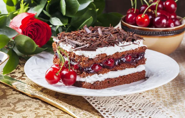 Вишня, ягоды, роза, шоколад, торт, десерт, сладкое, chocolate