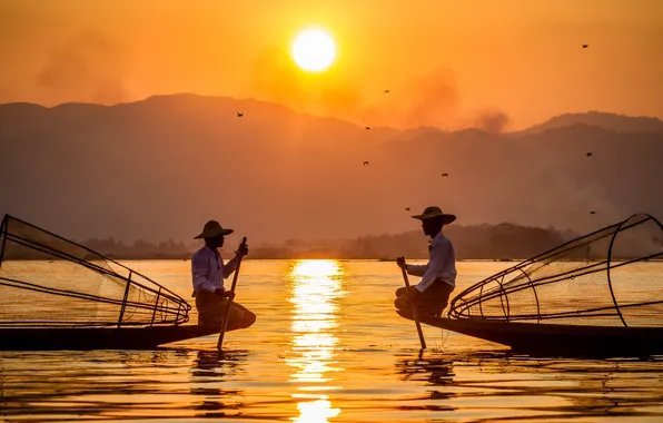 Озеро, лодки, утро, рыбаки, Myanmar, fisherman on boat at early sunrise, lake Intha, Shan state