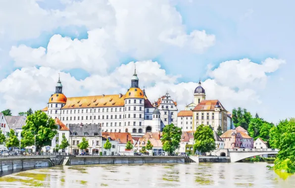 Картинка город, замок, рисунок, Германия, Бавария, акварель, Нойбург