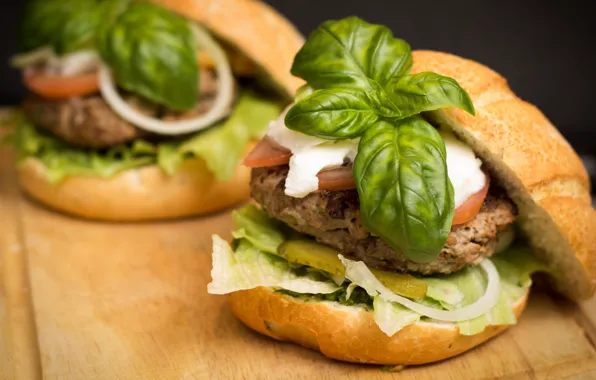 Bread, hamburger, meat, vegetables