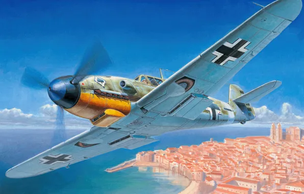 Картинка war, art, painting, aviation, ww2, Messerschmitt Bf-109